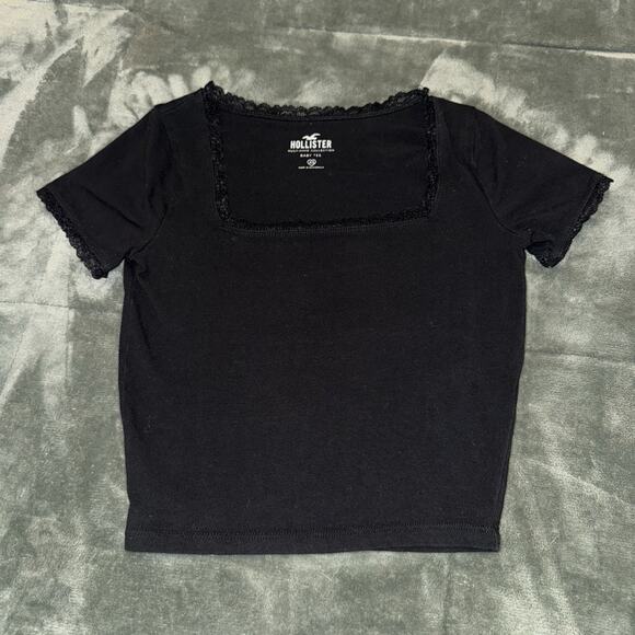 Hollister Baby Tee Crop Top Women’s XS Black Lace Trim Short Sleeve Square Neck - Picture 1 of 6